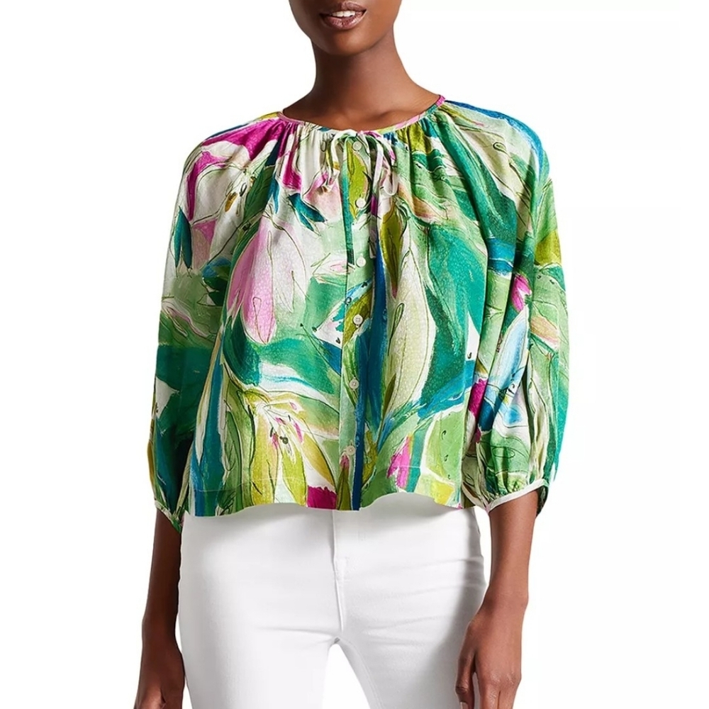 TED BAKER Karisah Raglan Puff Sleeve Tropical Floral Tie Cuff Button Blouse US 6